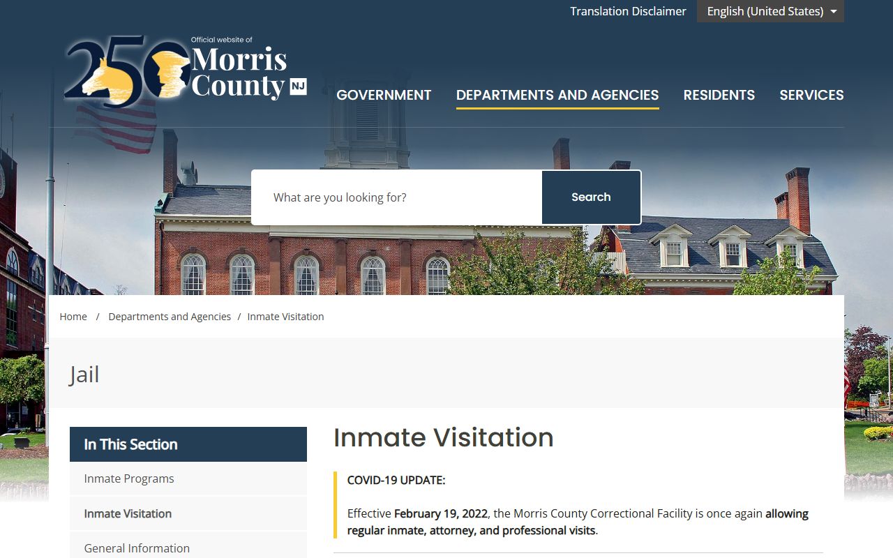 Morris County Correctional Facility visitation schedule for inmates
