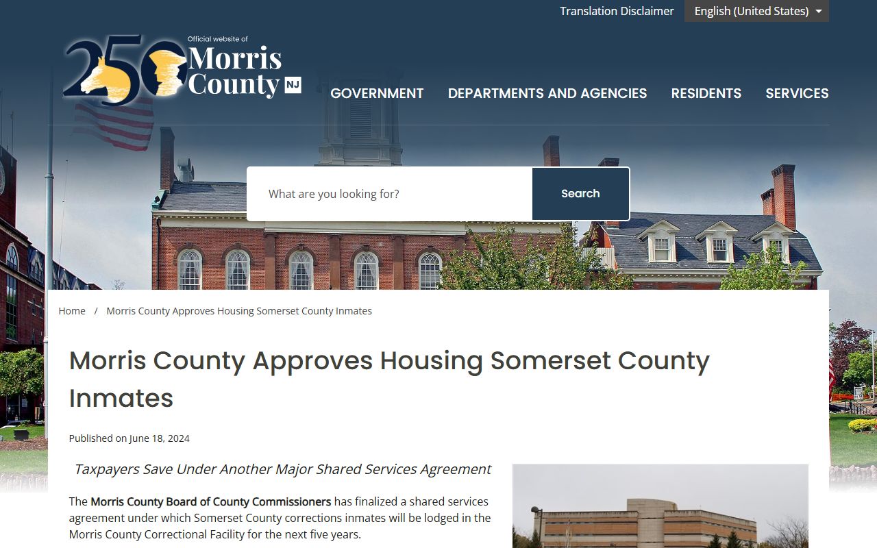 Somerset County inmate population Morris County housing agreement release